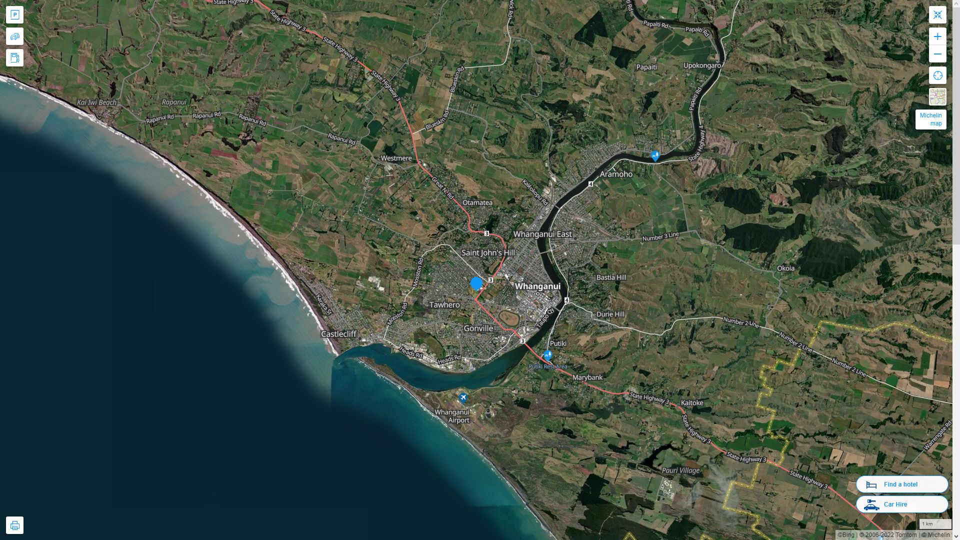Whanganui Nouvelle Zelande Autoroute et carte routiere avec vue satellite
